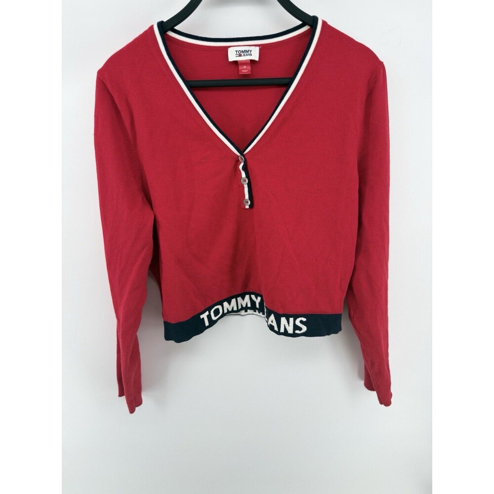 Tommy Jeans Women's 1/4 Button Crop Top Sweater Red Size Medium